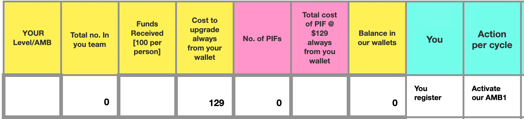 AMB0 membership cost and wallet breakdown table