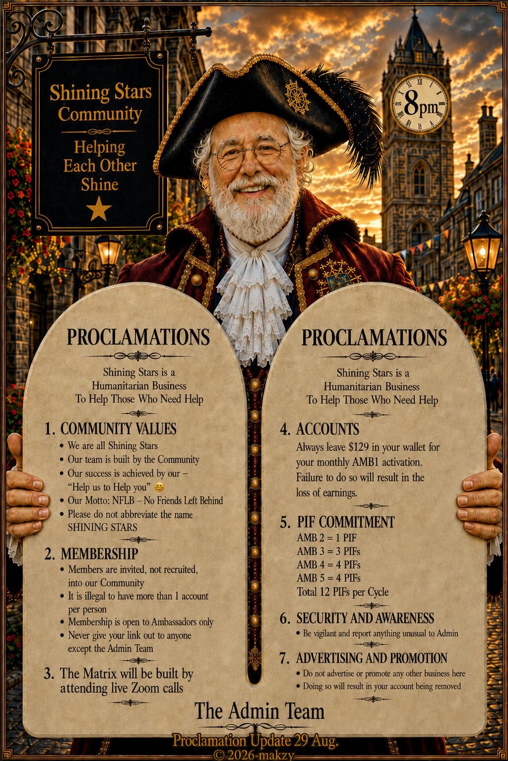 Shining Stars Community Proclamations — community values, membership rules, PIF commitment and guidelines